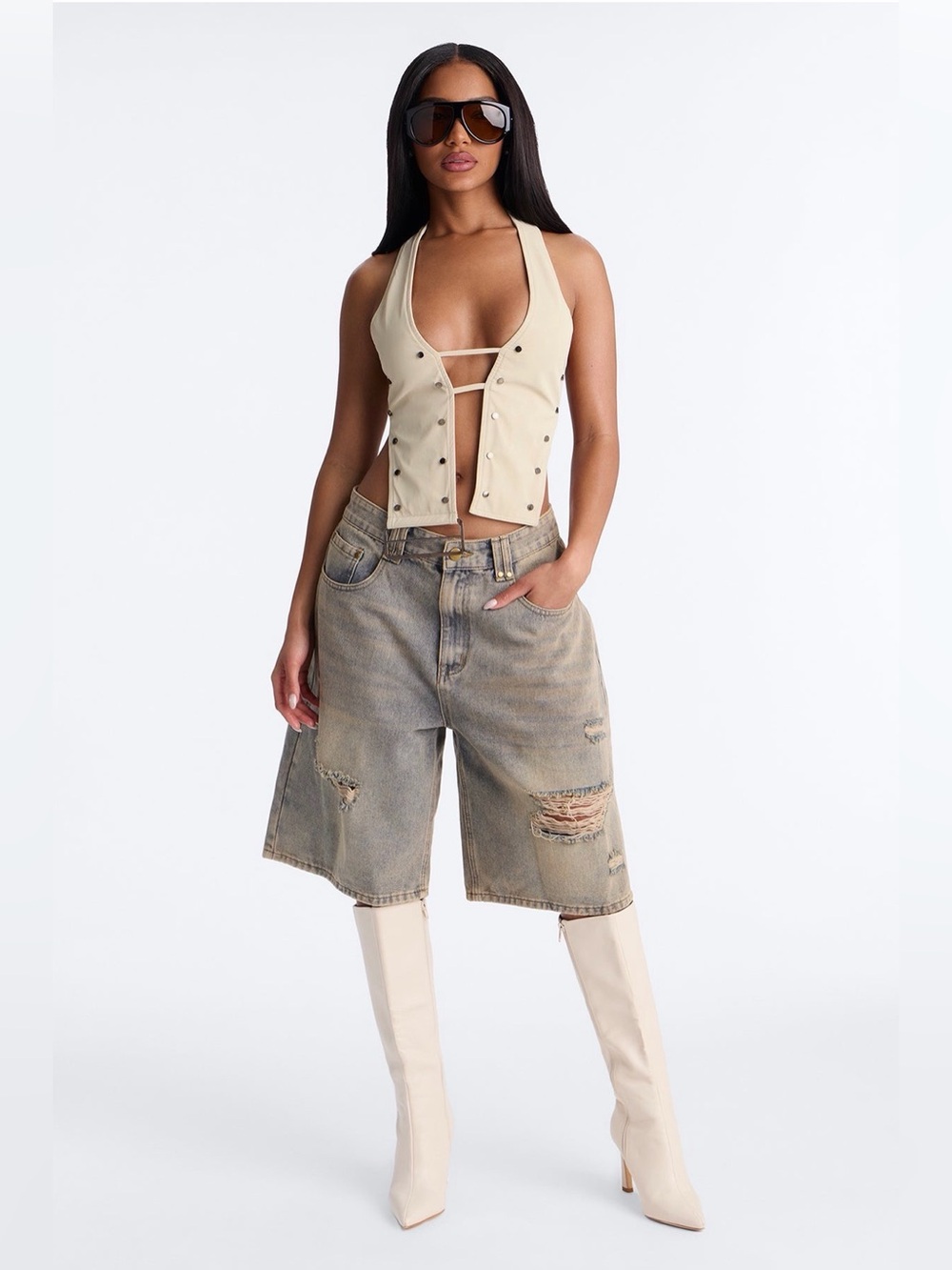High-Waist Washed Distressed Bermuda Jorts - Beige Wash